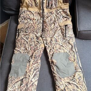 Cabela's Realtree-Style Camouflage Hunting Bib Overalls with Olive Trim